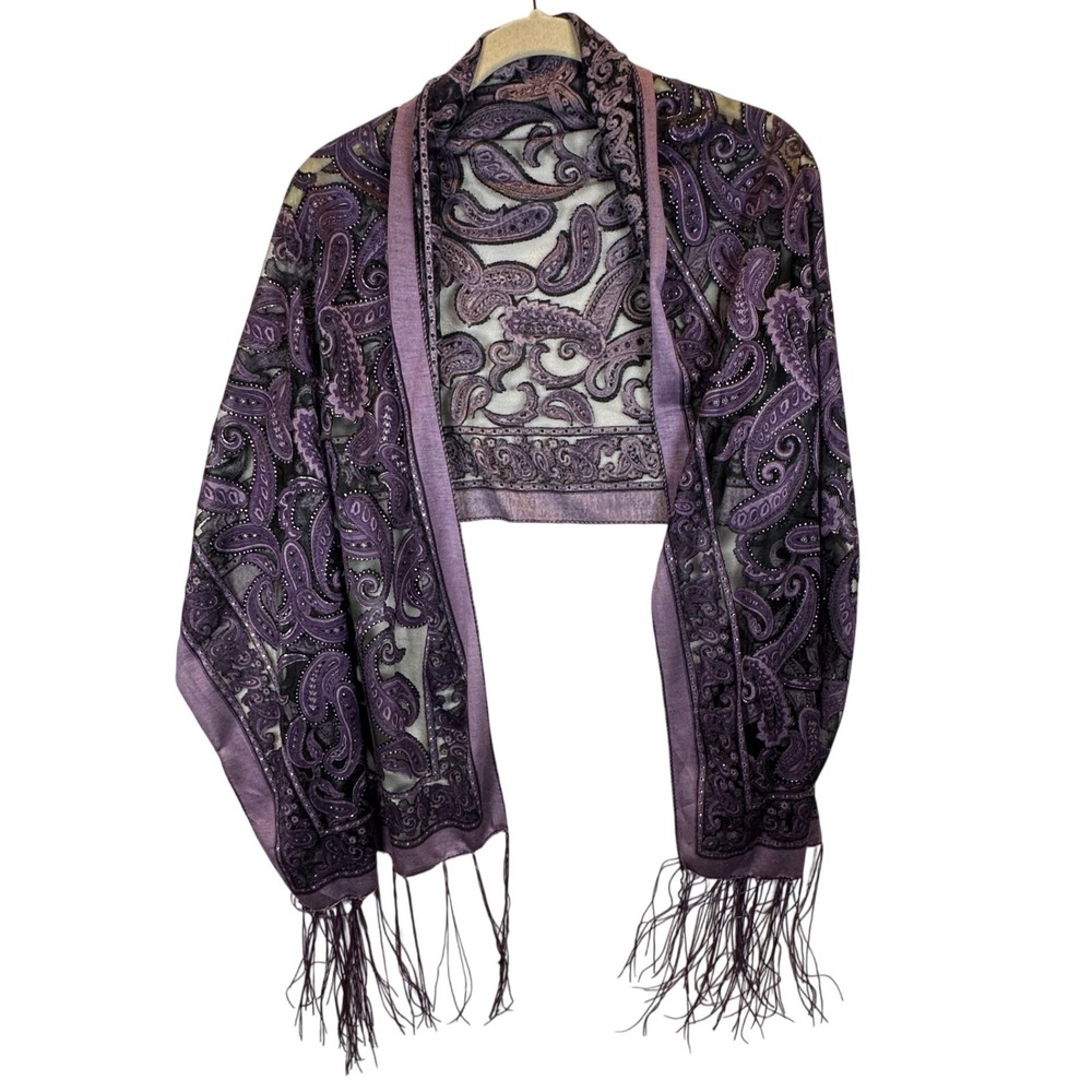 Whimsigoth Purple Paisley Sheer Mesh Beaded Fringe Shawl Wrap Scarf